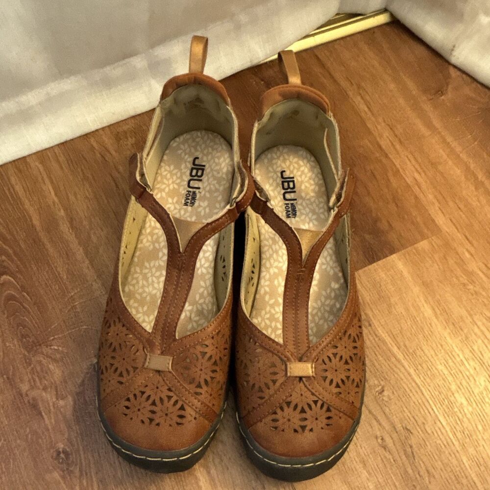 JBU Brown Leather T-Strap Mary Jane Flats Buckle Round Toe Women's US 9.5 M